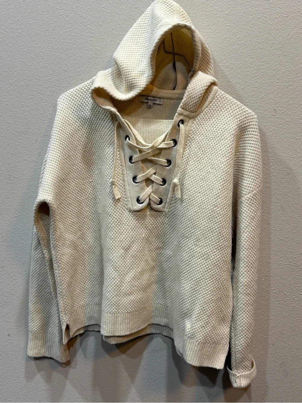 Madewell Jameson 100% Merino Wool Lace Up Waffle Knit Sweater Hoodie Cream - Picture 2 of 9
